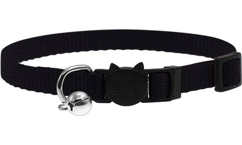 Collar ajustable morado para gatos, ligero, con hebilla de seguridad con diseño de gato y un pequeño cascabel plateado.