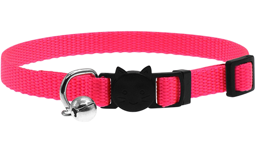 Collar ajustable rosa para gatos, ligero, con hebilla de seguridad con diseño de gato y un pequeño cascabel plateado.
