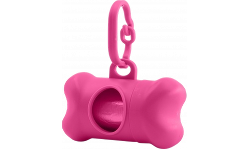 Dispensador rosa en forma de hueso para bolsas de perro, práctico para dueños, se acopla fácilmente a correas.