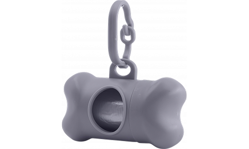 Dispensador gris en forma de hueso para bolsas de perro, práctico para dueños, se acopla fácilmente a correas.
