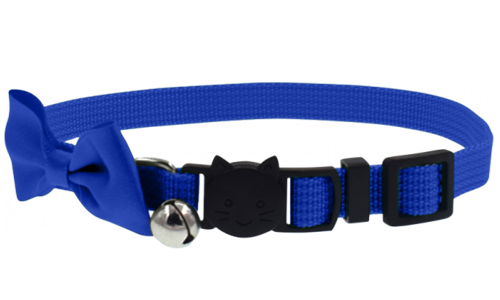 Collar azul para gatos con lazo elegante, cierre de seguridad, ajustable, ligero y con cascabel para encanto y seguridad.