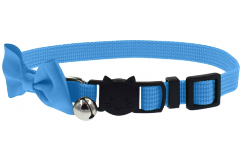 Collar celeste para gatos con lazo elegante, cierre de seguridad, ajustable, ligero y con cascabel para encanto y seguridad.