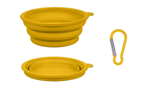 Cuenco amarillo plegable para perros, capacidad de 350ml, compacto y portátil, fácil de transportar y limpiar.