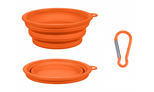 Cuenco naranja plegable para perros, capacidad de 350ml, compacto y portátil, fácil de transportar y limpiar.