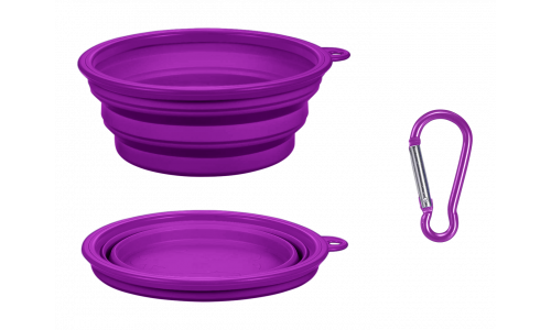 Cuenco violeta plegable para perros, capacidad de 350ml, compacto y portátil, fácil de transportar y limpiar.