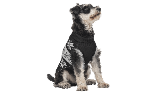 Suéter negro de invierno para perros con patrón de copos de nieve blancos, lavable, proporciona calor y estilo festivo.
