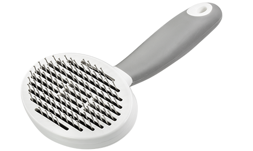 Cepillo auto-limpiante para perros y gatos con pines metálicos finos y mango ergonómico, para quitar enredos.