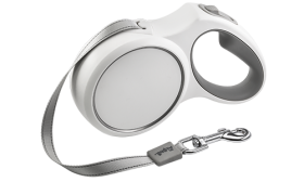 Correa retráctil de nylon reflectante para perros Correa retráctil blanca para perros con mango gris ergonómico, extensible hasta 5 metros, con clip resistente.