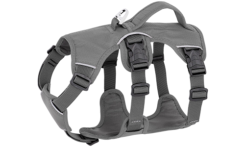 Arnés impermeable gris para perro con correas ajustables, adecuado para diferentes tipos de perros, con anillo plateado.