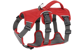 Arnés impermeable rojo para perro con correas ajustables, adecuado para diferentes tipos de perros, con anillo plateado.