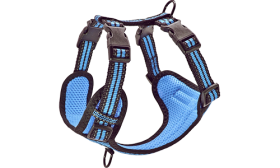 Elegante arnés de nylon transpirable para perros Arnés de nylon azul transpirable para perros con correas ajustables, ajuste perfecto con hebillas rápidas.