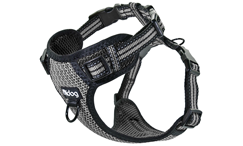 Arnés de nylon negro transpirable para perros con hebilla y correas ajustables, ajuste perfecto con hebillas rápidas.