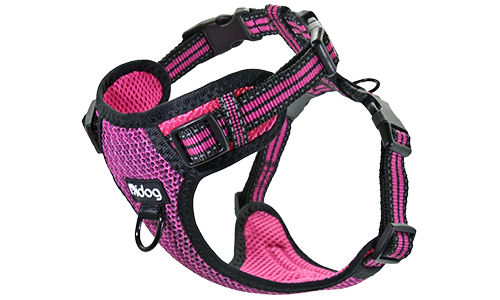 Arnés de nylon rosa transpirable para perros con hebilla y correas ajustables, ajuste perfecto con hebillas rápidas.