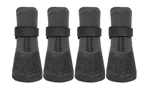 Set de 4 calcetines deportivos para perros en gris con suelas antideslizantes, fáciles de lavar, ligeros para comodidad.