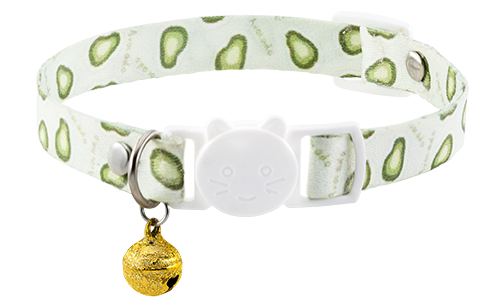 Collar para gato con diseño de kiwi, ajustable y ligero para comodidad, con hebilla blanca y campanita dorada.