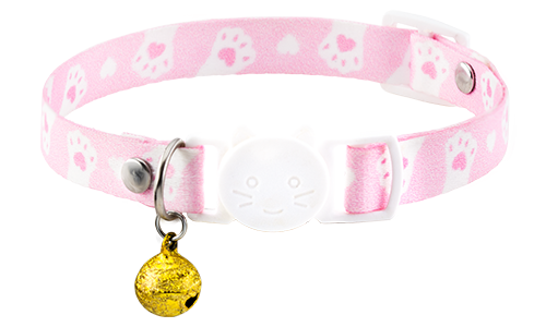 Collar para gato con diseño floral, ajustable y ligero para comodidad, con hebilla blanca y campanita dorada.