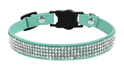 Collar para gato turquesa de lujo con cristales, y ligero para comodidad, hebilla en forma de gato y campanita plateada.