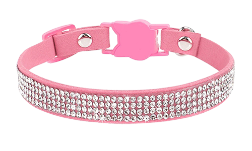 Collar para gato rosa de lujo con cristales, ajustable y ligero para comodidad, hebilla en forma de gato y campanita.
