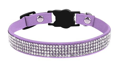 Collar para gato morado de lujo con cristales, y ligero para comodidad, hebilla en forma de gato y campanita morada.