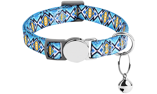 Collar para gato con patrón azul y hebilla metálica, ajustable y ligero para comodidad, con campanita pequeña.