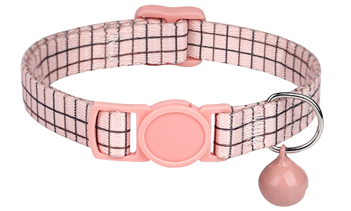 Collar para gato a cuadros rosa, ajustable y ligero, con hebilla y campanita rosa a juego.