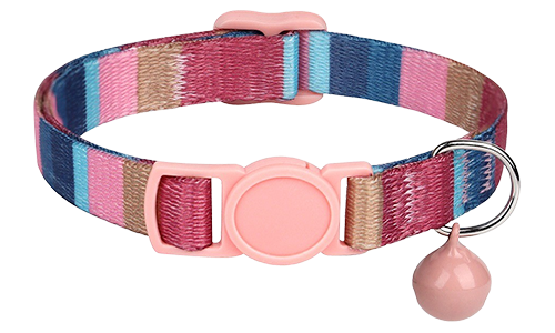 Collar para gato a rayas rosas, ajustable y ligero, con hebilla y campanita rosa a juego.