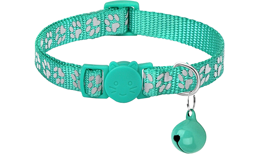 Collar para gato turquesa con patrón de patas, ajustable y ligero para comodidad, reflectante con campanita a juego.