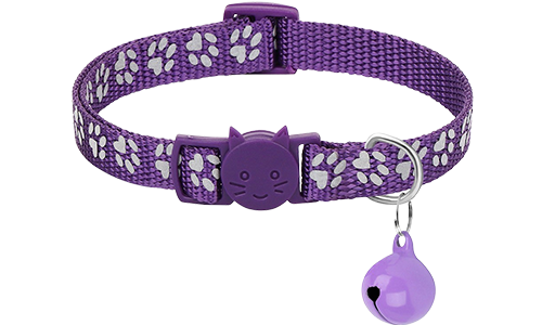 Collar para gato morado con patrón de patas, ajustable y ligero para comodidad, hebilla de seguridad con campanita a juego.