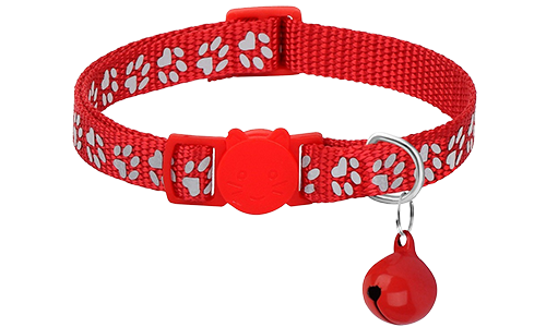 Collar para gato rojo con patrón de patas, ajustable y ligero para comodidad, hebilla de seguridad con campanita a juego.