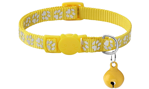 Collar para gato amarillo con patrón de patas, ajustable y ligero para comodidad, hebilla de seguridad con campanita a juego.