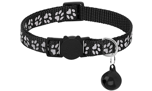 Collar para gato negro con patrón de patas, ajustable y ligero para comodidad, hebilla de seguridad con campanita a juego.