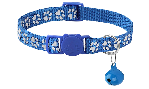 Collar para gato azul con patrón de patas, ajustable y ligero para comodidad, hebilla de seguridad con campanita a juego.