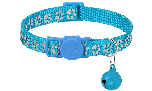 Collar para gato azul claro con patrón de patas, ajustable y ligero, con hebilla de seguridad y campanita.