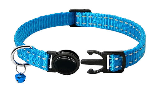 Collar para gato azul reflectante, ajustable 21-34 cm de largo, material reflectante y ligero.