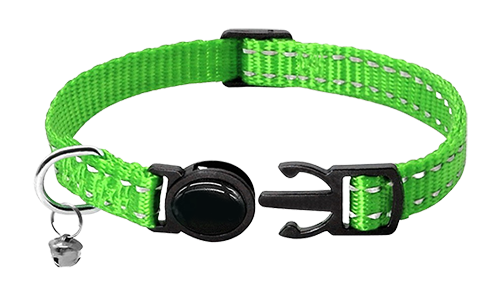 Collar para gato verde reflectante, ajustable 21-34 cm de largo, hebilla de seguridad y campanita roja.