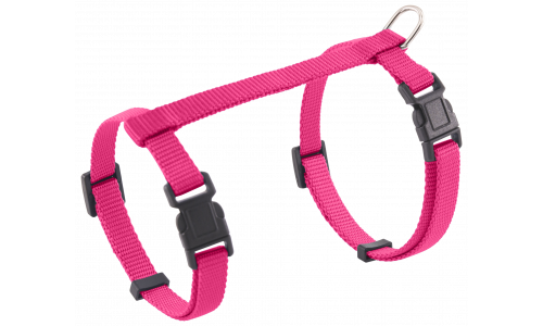 Arnés para gato rosa con correas ajustables y D-ring metálico resistente para sujeción, seguro y cómodo.