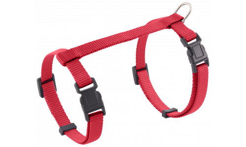 Arnés para gato rojo con correas ajustables y D-ring metálico resistente para sujeción, seguro y cómodo.