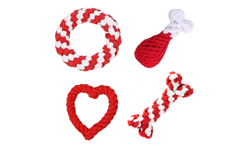 Juego de cuatro juguetes de cuerda para perros en rojo y blanco, incluye anillo, baqueta, corazón y hueso, para jugar.