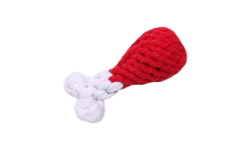 Set de cuatro juguetes de cuerda para perros. Juego de cuatro juguetes de cuerda para perros en rojo y blanco, incluye anillo, baqueta, corazón y hueso, lavable.