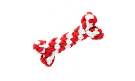 Set de cuatro juguetes de cuerda para perros. Juego de cuatro juguetes de cuerda para perros en rojo y blanco, incluye anillo, baqueta, corazón y hueso, fácil de limpiar.