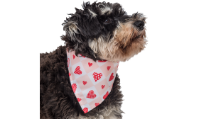Pañuelo para perro con corazones estampados Bandana para perros con corazón impreso, diseño de cuadros rosa y blanco con corazones rojos, cómoda de usar.