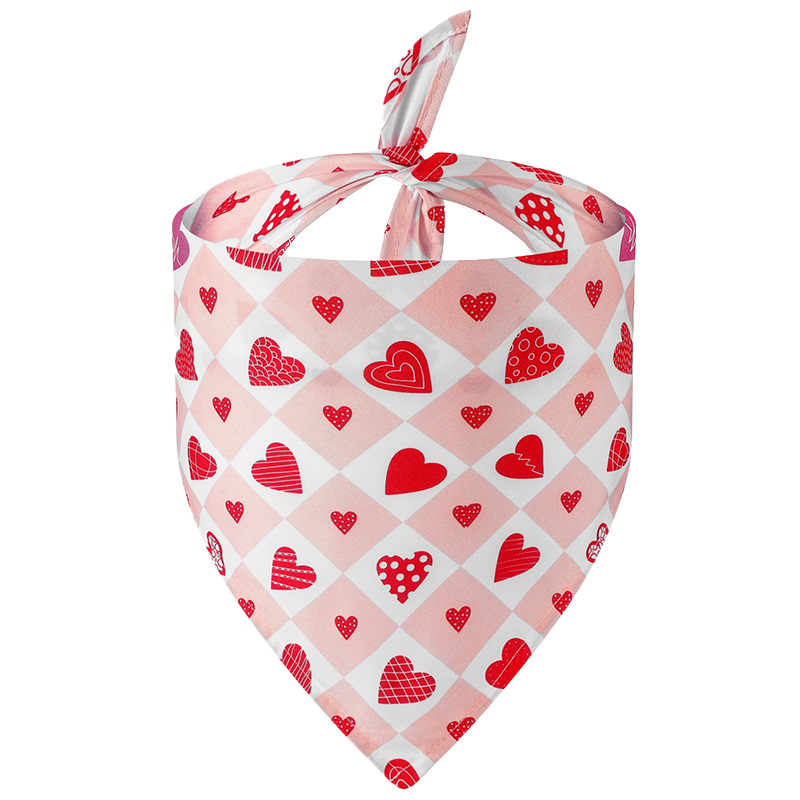 Pañuelo para perro con corazones estampados Bandana para perros con corazón impreso, diseño de cuadros rosa y blanco con corazones rojos, perfecta para San Valentín.