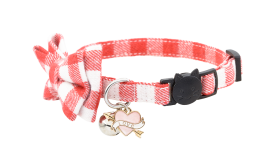 Collar para gato con pajarita, cascabel y corazón Collar de gato con lazo rojo y blanco a cuadros, campana y charm 'love', portátil y ligero.
