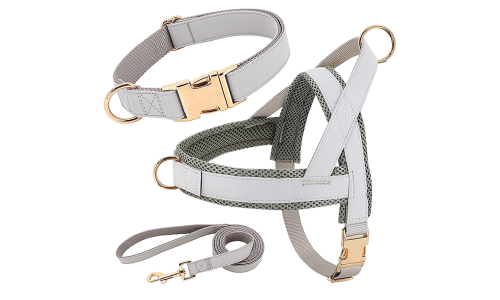 Kit de arnés para perros plateado con collar y correa a juego, ligero, duradero y de larga duración, ajuste cómodo y seguro.