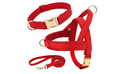 Kit de arnés para perros rojo con collar y correa a juego, ligero, duradero y de larga duración, ajuste cómodo y seguro.