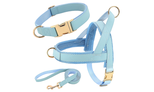 Kit de arnés para perros azul claro con collar y correa a juego, ligero, duradero, ajuste cómodo y seguro.