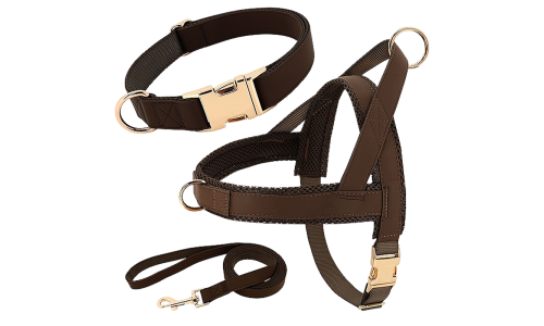 Kit de arnés para perros marrón con collar y correa a juego, ligero, duradero y de larga duración, ajuste cómodo y seguro.