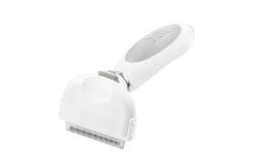 Cepillo deslanador para perros y gatos Cepillo deshedding blanco pequeño para perros con dientes metálicos finos y mango ergonómico, para eliminar pelo suelto.