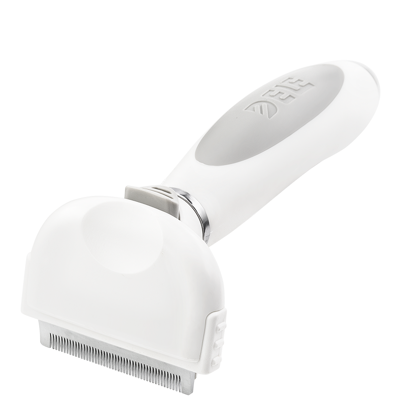 Cepillo deslanador para perros y gatos Cepillo deshedding blanco pequeño para perros con dientes metálicos finos y mango ergonómico, para eliminar pelo suelto.