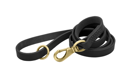 Correa de cuero genuino negro para perros, 150 cm de largo, cómoda, con gancho y anilla dorados para durabilidad.